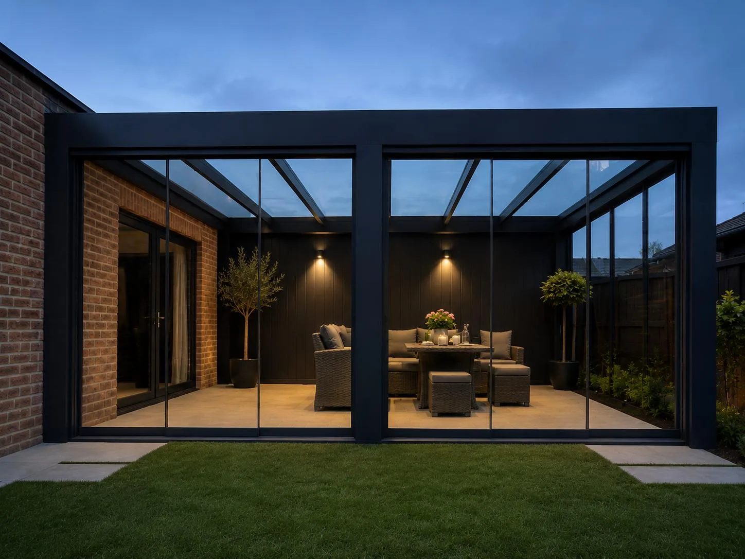 CubeLine tuinkamer met glazen schuifwanden en LED-verlichting in de avond